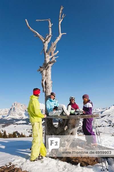 Italy  Trentino-Alto Adige  Alto Adige  Bolzano  Seiser Alm  People resting near bare tree on snowy landscape