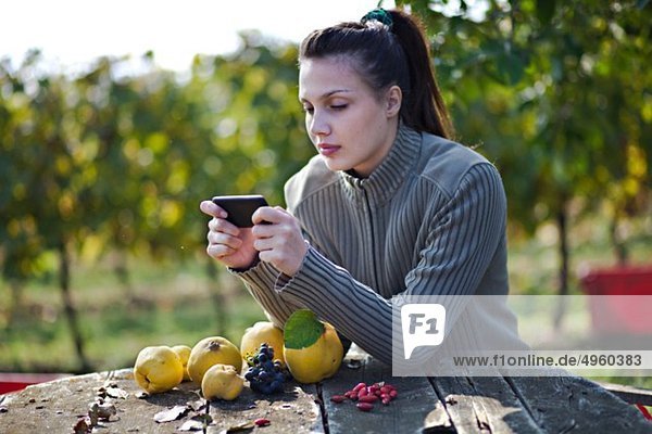 Croatia  Baranja  Young woman using cell phone with fruits on table