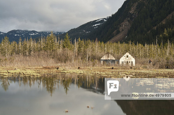 Alte Eyak Stadt mit Chugach Mountains reflektieren in einem Teich entlang der Copper River Highway  Chugach National Forest  Cordova  South Central Alaska  Frühling