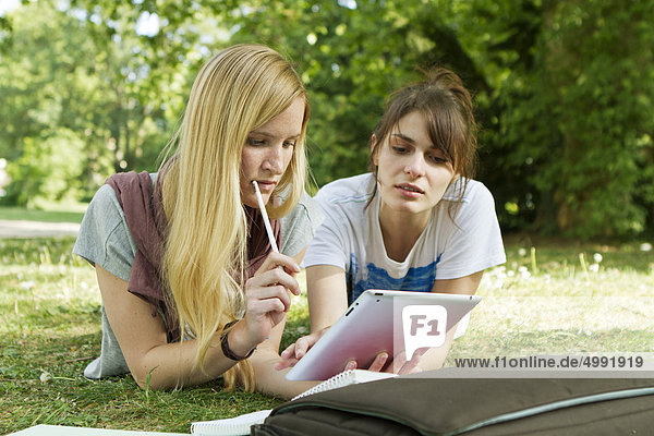Two female students at campus  Darmstadt  Hesse  Germany