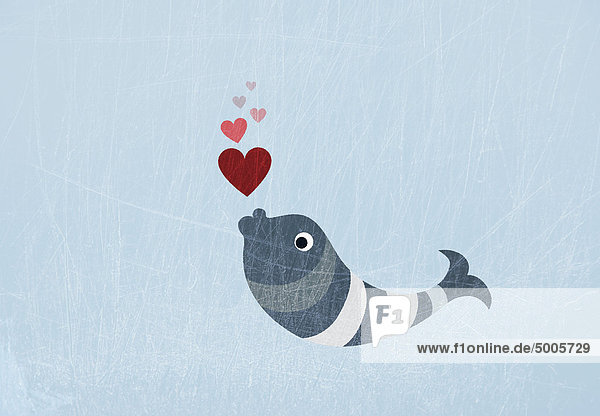 Ein Fisch  der Liebesherzen bläst.