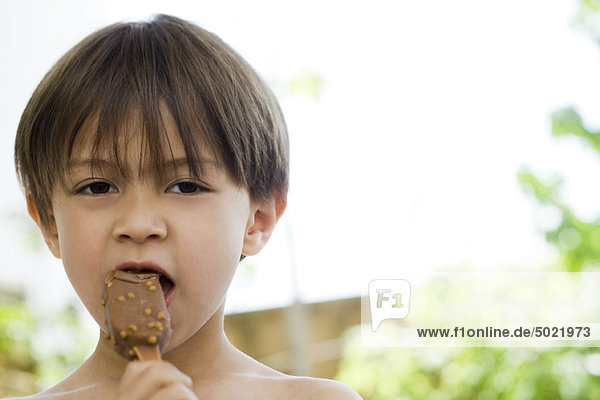 Little boy eating ice cream bar  portrait
