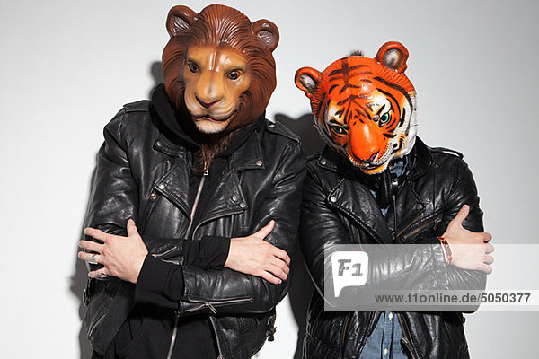 Menschen mit Löwen- und Tigermasken auf der Party