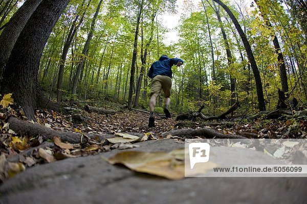 A young man trail running in Crawford Lake Conservation Area  Milton  ON