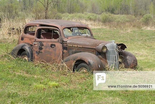 Rusty old car sitting in a field in Ramara Township  Ontario  Canada.