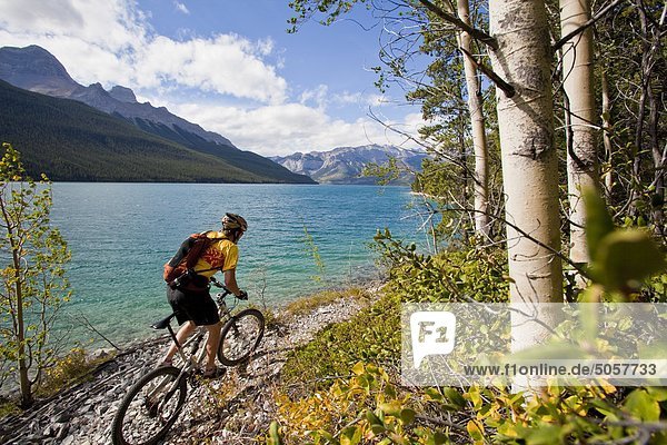 A middle aged man mountian biking along Lake Minnewanka  Banff National Park  Alberta  Canada
