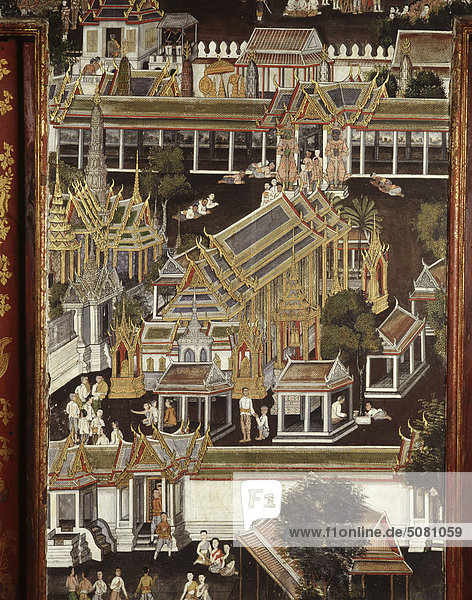 Detail einer Wandmalerei zeigt die königliche Kapelle (Wat Phra Kaew). Ordination Pavillon von König Chulalongkorn  Bangkok  Thailand.