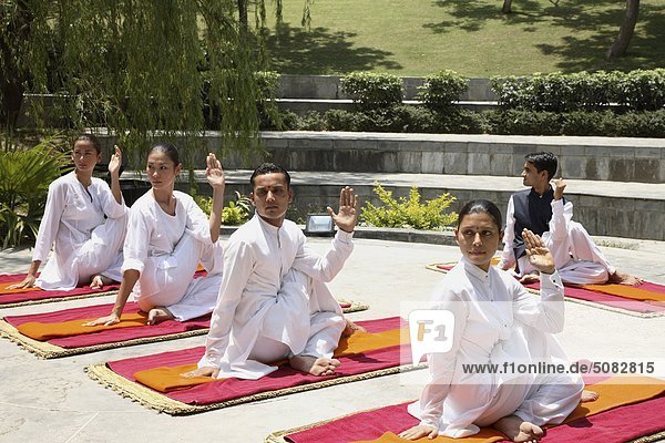Yoga at the yoga pavilion at Ananda in the Himalayas  India