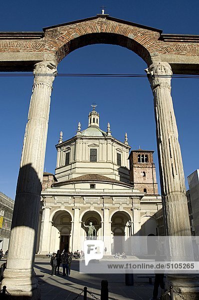 Italy  Lombardy  Milan. San Lorenzo Maggiore basilica and roman columns
