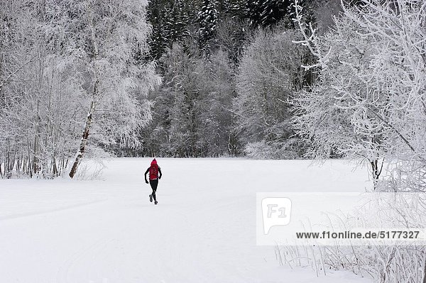 A jogger running throught a snowy winter landscape
