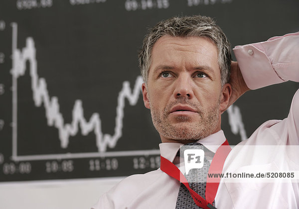 Börsenmakler erschöpft vor Anzeige Aktienindex