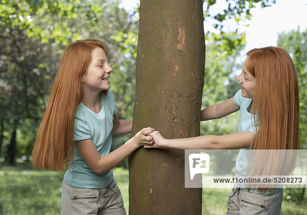 Rothaarige Zwillingsmädchen spielen an Baumstamm