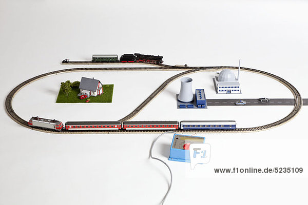 Miniature buildings and train set