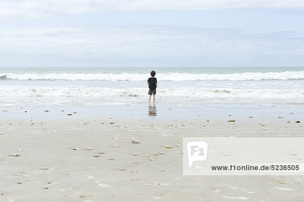 Junge am Strand  Blick aufs Meer  Rückansicht