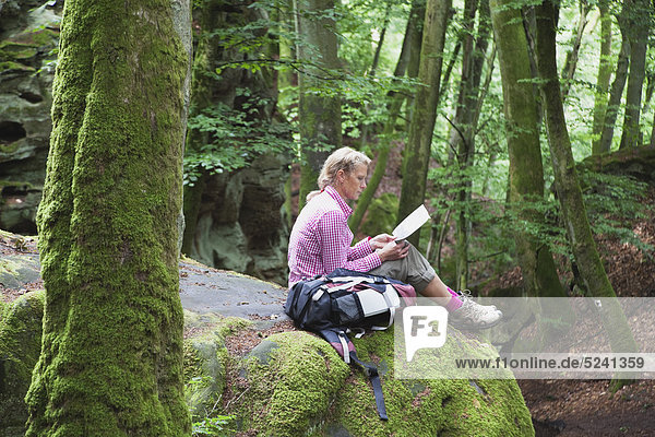 Eifel Region  South Eifel Nature Park  View of woman hiker sitting on bunter rock formations at beech tree forest