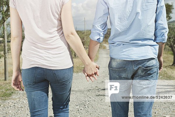 Italien  Toskana  Junges Paar hält Händchen und geht auf Landstraße