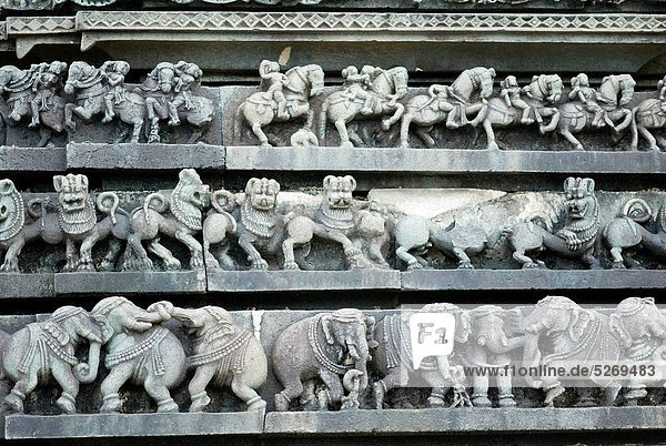 Löwe Panthera leo Statue Elefant Indien Karnataka
