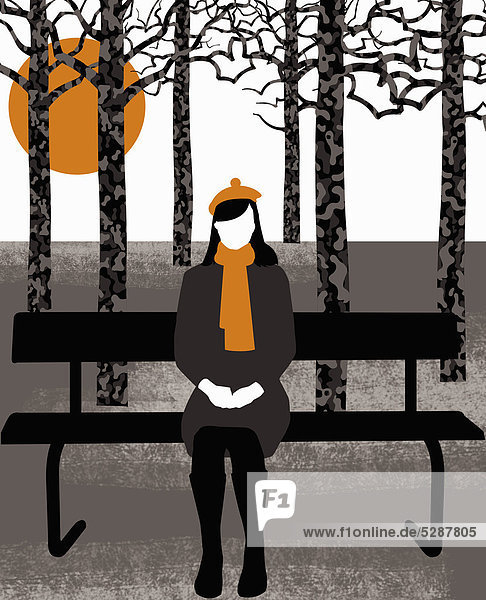 Woman in coat sitting on park bench