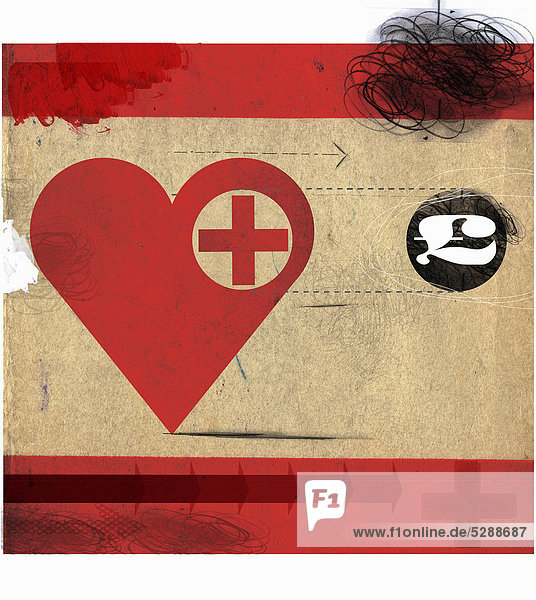 Herz mit rotem Kreuz folgt einem Pfundsymbol