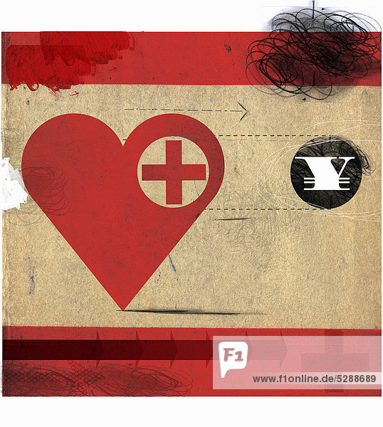 Herz mit rotem Kreuz folgt einem Yensymbol