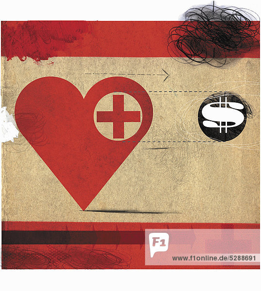 Herz mit rotem Kreuz folgt einem Dollarsymbol