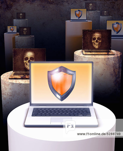 Laptops on pedestals with skulls and shields