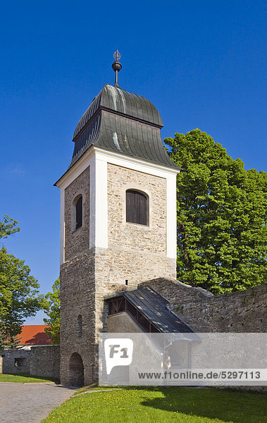 Entrance tower of fortified Gothic Church of St. John the Baptist from the 13th century  Velka Bites  Zdar nad Sazavou district  Vysocina County  Czech Republic  Europe