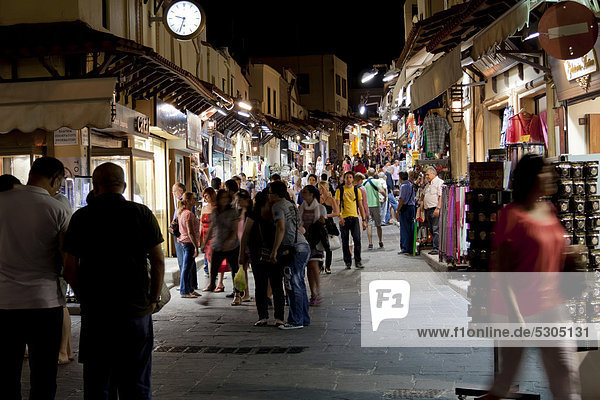 Odos Sokratous street at night  a popular shopping street  historic district of Rhodes  Rhodes  Greece  Europe  PublicGround