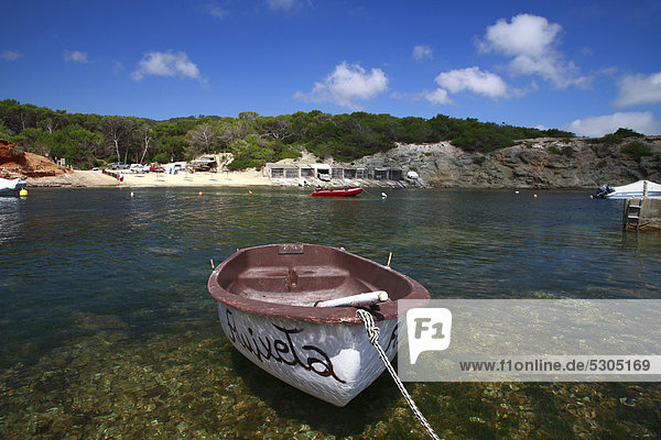 Small tenderboat  dinghy  moored at the beach of Pou d'es Lleo  Ibiza  Spain  Europe