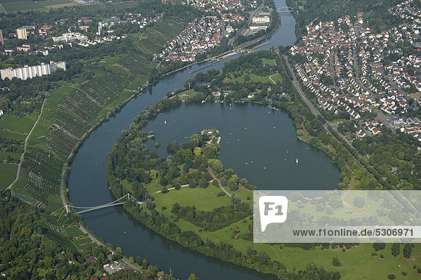 Aerial view Lake Max-Eyth-See a manmade lake on the river Neckar at the foot of the vineyards between Muehlhausen and Hofen Baden-Wuerttemberg Germany Europe