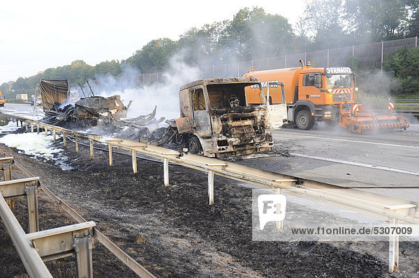 Two burnt-out trucks on the A8 motorway  Stuttgart  Baden-Wuerttemberg  Germany  Europe