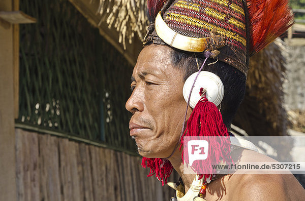 Phom warrior in full gear at the annual Hornbill Festival in Kohima  India  Asia