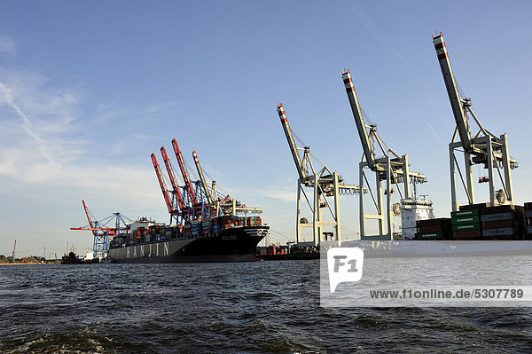 Beladen eines Containerschiffs aus China im Hamburger Hafen  Hansestadt Hamburg  Deutschland  Europa