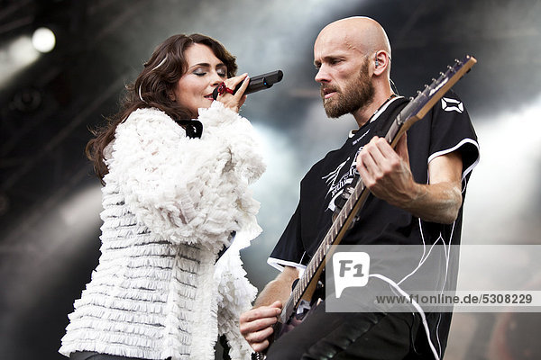 Singer and frontwoman Sharon den Adel and guitarist Robert Westerholt of the Dutch symphonic metal band Within Temptation performing live at the Heitere Open Air festival in Zofingen  Switzerland  Europe