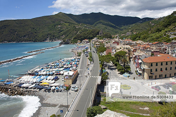 Village overview harbour and beach Moneglia Genoa Province Liguria Italian Riviera or Riviera di Levante Italy Europe