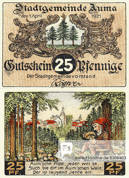 Emergency currency from Auma banknote collective municipality of Auma-Weidatal 25 pfennig front and back side image of a dwarf with mushrooms in the forest Germany Europe 1921