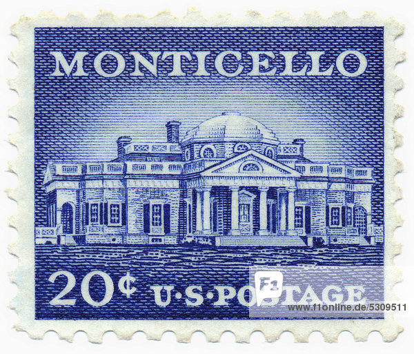 Historische Briefmarke  20 Cent  1956  Monticello  das im palladianischen Stil erbaute Landgut des US-Präsidenten Thomas Jefferson  Virginia  USA
