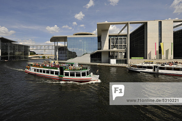 Excursion boat in front of the Marie-Elisabeth-Lueders-Haus and Paul-Loebe-Haus buildings  Reichstagufer  Spreebogen  Government District  Berlin  Germany  Europe  PublicGround