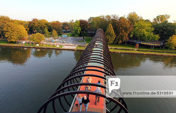 Slinky Springs to Fame pedestrian bridge  architect Tobias Rehberger  the Rhine-Herne Canal near Oberhausen  North Rhine-Westphalia  Germany  Europe  PublicGround