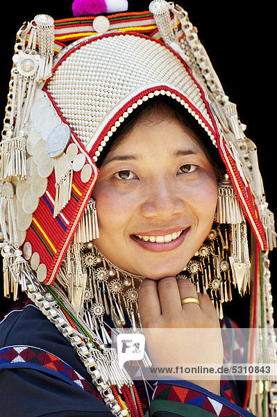Portrait of Akha woman wearing a PhameeAkha costume in Chiang Rai  Thailand  Asia
