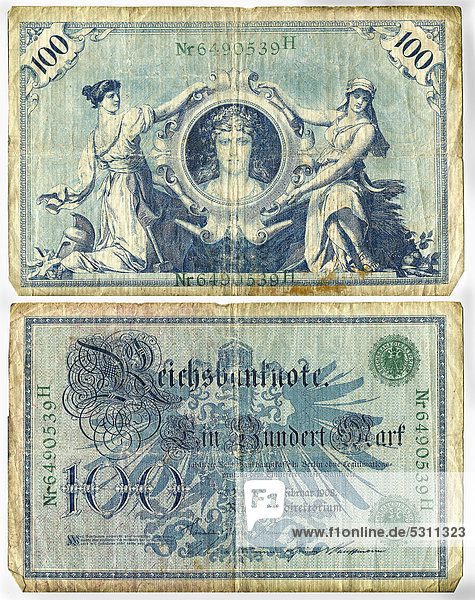 Reichsbanknote  Vorderseite und Rückseite  100 Mark  Deutschland  um 1908