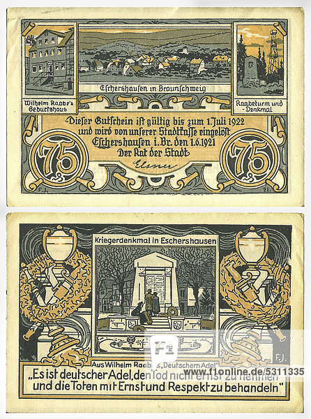 Gutschein Stadtkasse Braunschweig über 75 Pfennig  Vorderseite und Rückseite  um 1921