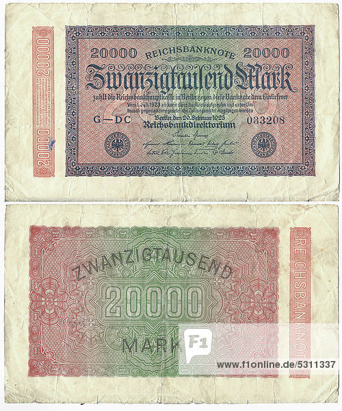 Alte Banknote  Vorderseite und Rückseite  Reichsbanknote 20.000 Mark Reichsbankdirektorium  um 1923