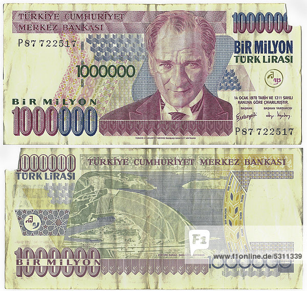 Alte Banknote  Vorderseite und Rückseite  1000000 türkische Lirasi  türkische Banknote  um 1970
