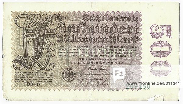 Alte Banknote Vorderseite  Reichsbanknote 500.000.000 Mark Reichsbankdirektorium  um 1923