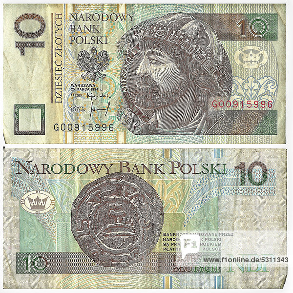 Banknote  Vorderseite und Rückseite  10 Zloty  Bank of Polska  Polnische Banknote  um 1994