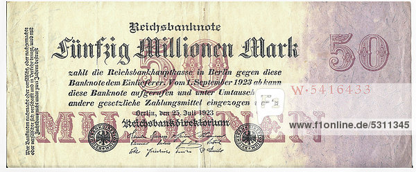 Old banknote  front  Reichsbanknote 50  000  000 Mark  Reichsbankdirektorium  circa 1923
