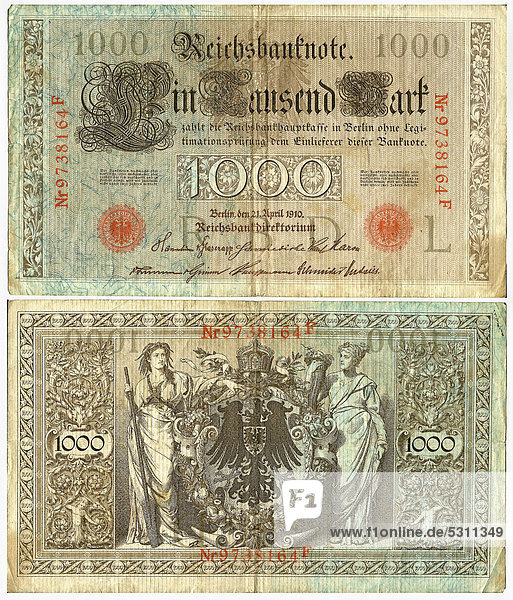 Alte Banknote  Vorderseite und Rückseite  Reichsbanknote  1000 Mark  Reichsbankdirektorium  Reichsbankhauptkasse  um 1910