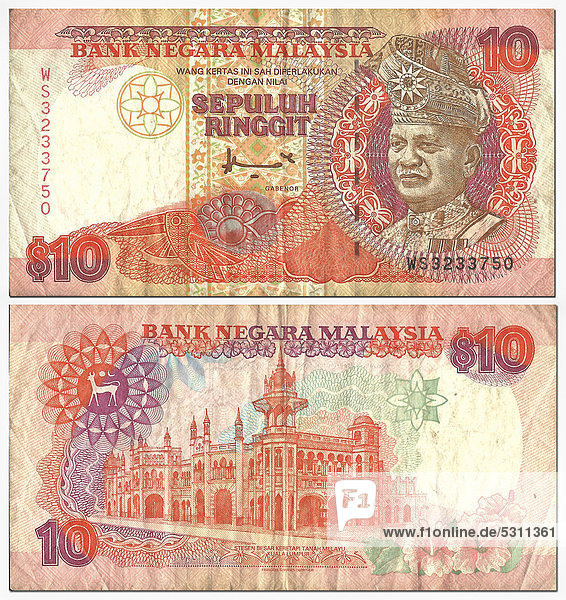 Alte Banknote Vorderseite und Rückseite 10 Ringgit Malaysia Bank Negara Malaysia