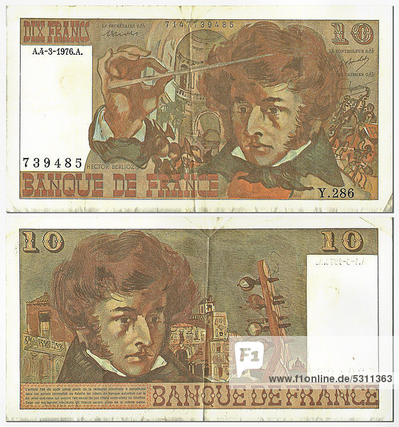 Historic banknote  front and back  10 francs  France  Banque de France  around 1976